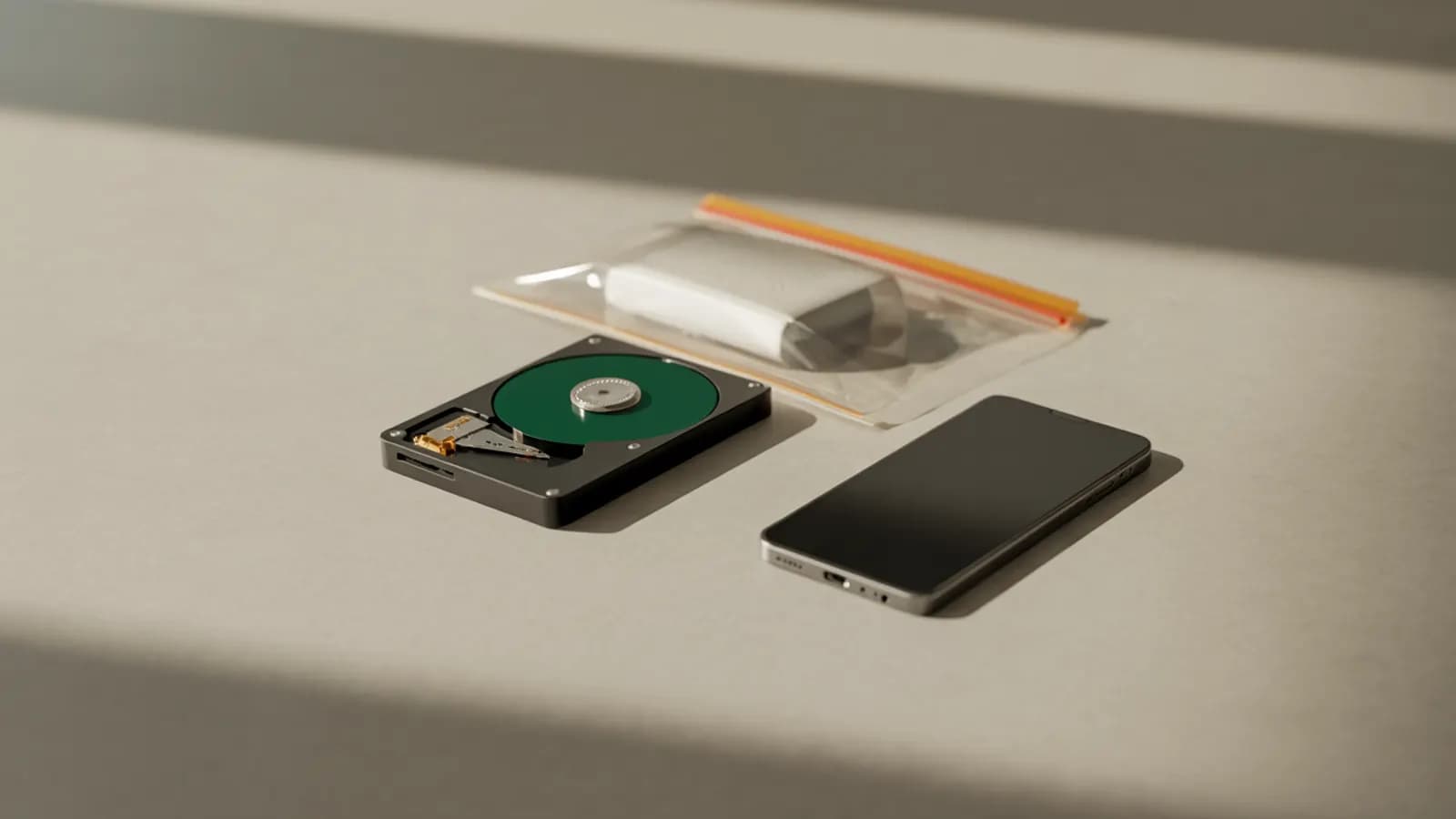 A hard drive and smartphone beside a sealed tamper-evident bag, representing certified data destruction and chain of custody