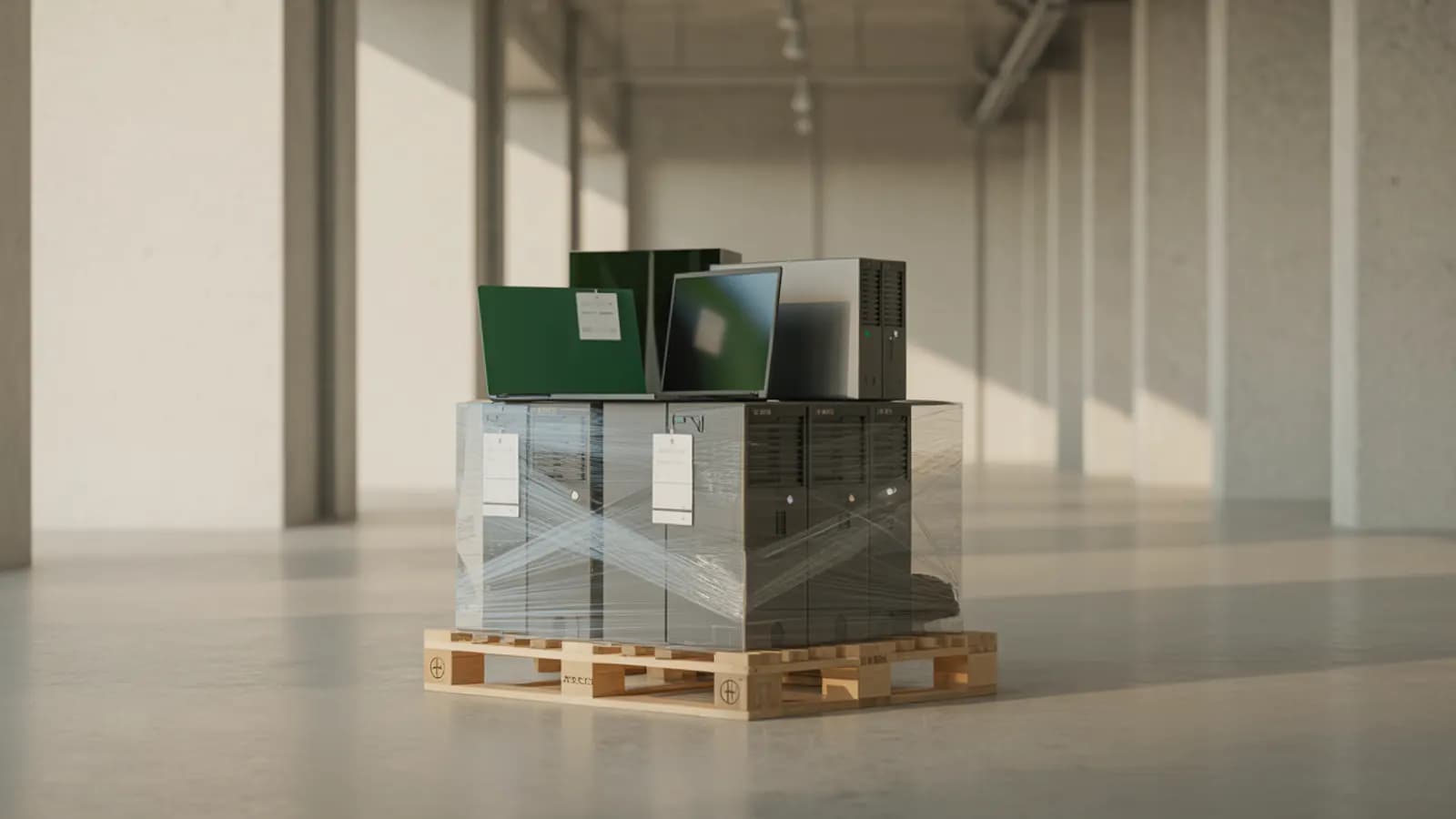 A wrapped pallet of decommissioned office IT equipment ready for collection