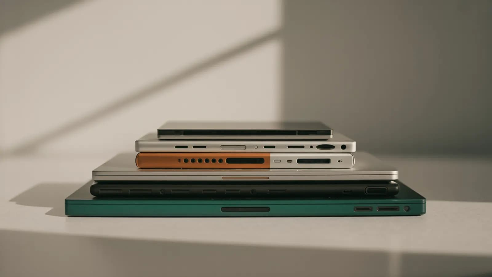 Retired corporate laptops and smartphones stacked for IT asset disposition and certified data erasure