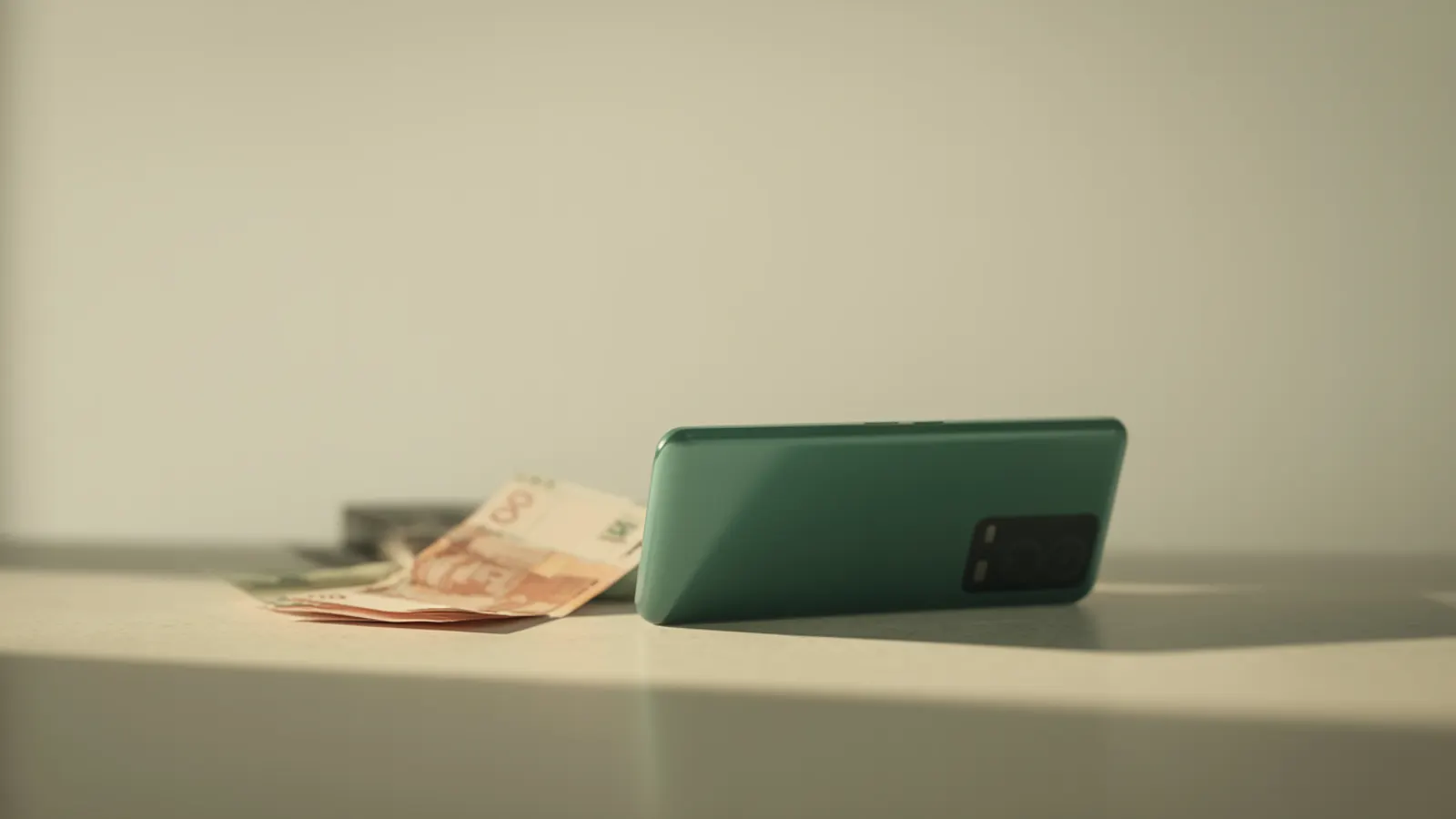 A clean modern smartphone on a minimal surface, editorial photo for BuyBackBear