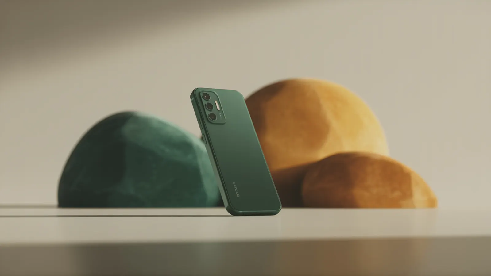 A smartphone resting from the back on a minimal surface beside soft abstract green bokeh, editorial photo for BuyBackBear