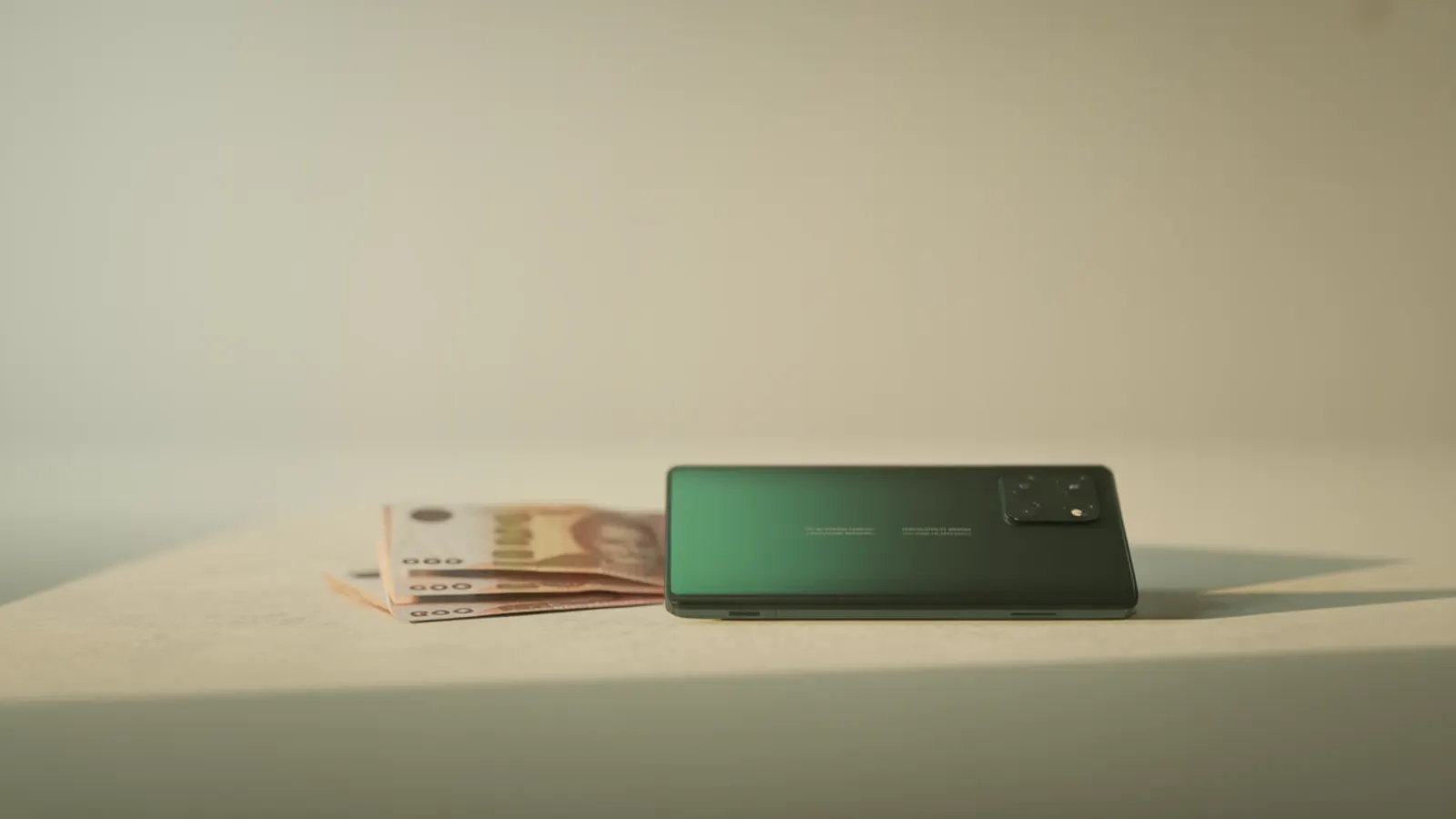 A modern smartphone seen from the back on a clean minimal surface, editorial photo for BuyBackBear