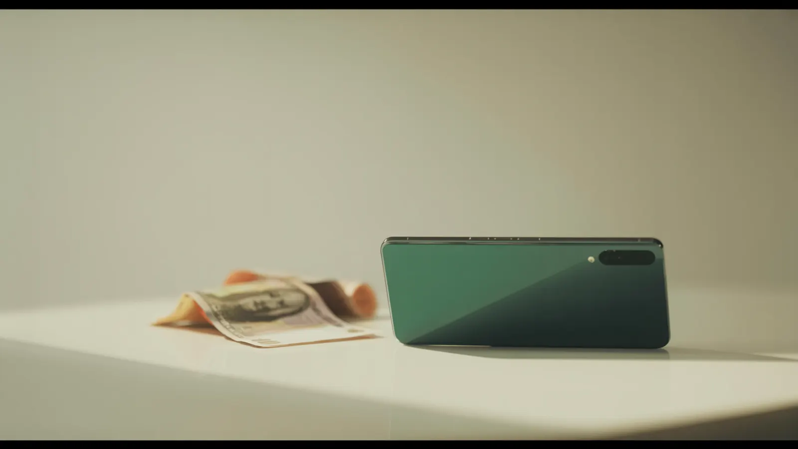 A modern smartphone seen from the back on a clean minimal surface, editorial photo for BuyBackBear