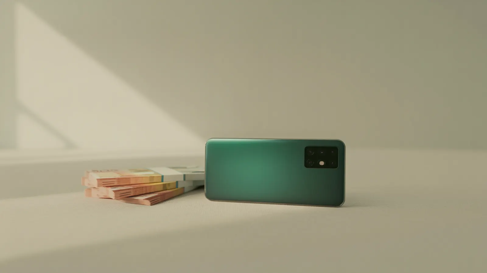 A clean modern smartphone on a minimal surface, editorial photo for BuyBackBear